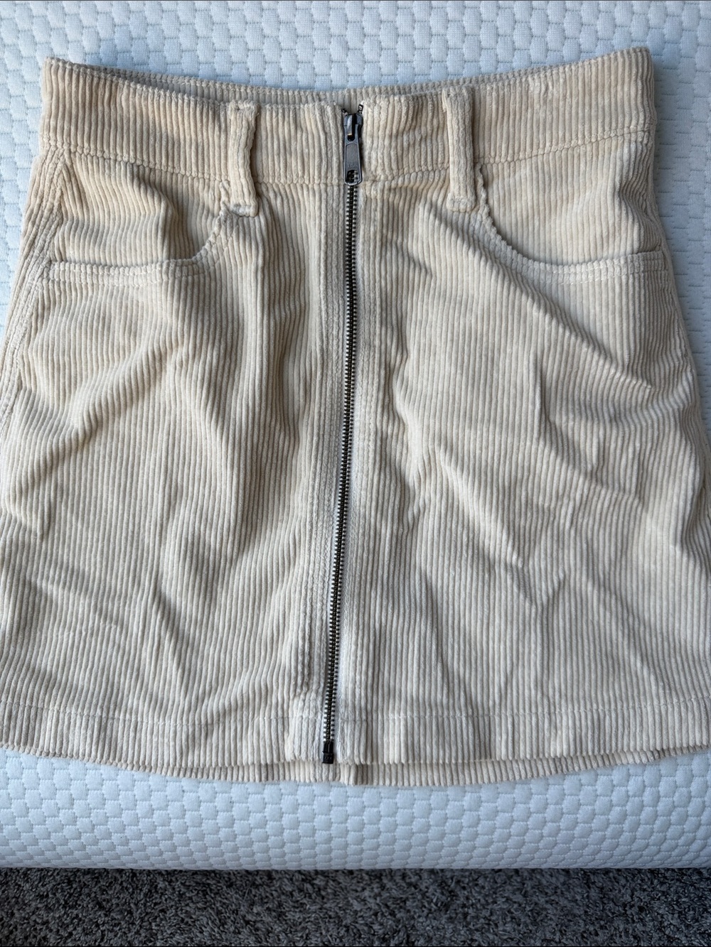 American Eagle Outfitters Cream Corduroy Front-Zip Mini Skirt